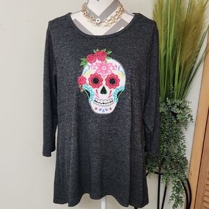 Clover + Pine Floral Skull Embroidered Dark Gray Long Sleeve Top